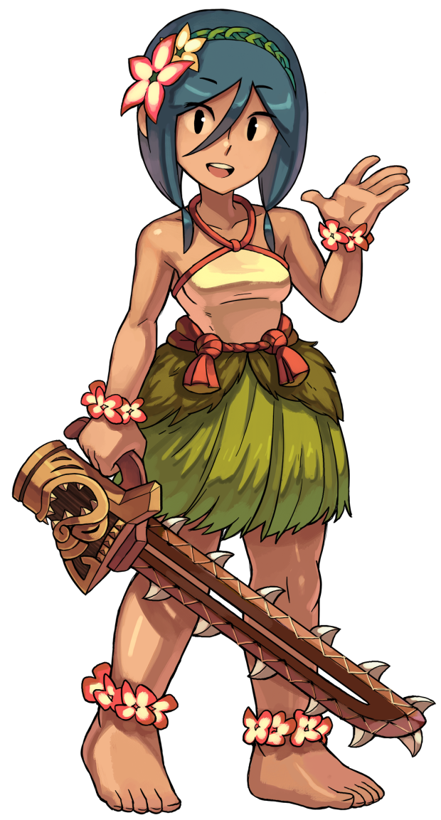 1girl ankle_flower anklet barefoot black_hair flower hair_flower hair_ornament indivisible jewelry leilani looking_at_viewer official_art smile solo sword tagme tan_skin waving weapon