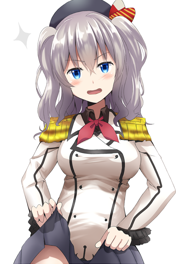 1girl blush gloves hat kantai_collection kashima_(kantai_collection) long_hair looking_at_viewer military military_uniform ohiya open_mouth silver_hair skirt skirt_lift solo twintails uniform