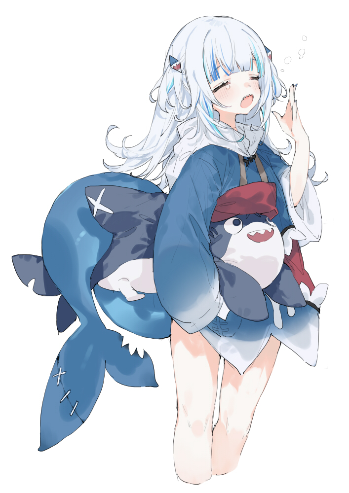 1girl 896kcal bloop_(gawr_gura) blue_hoodie carrying carrying_under_arm closed_eyes cropped_legs fingernails fish_tail gawr_gura hair_ornament hand_up hololive hololive_english hood hoodie long_hair multicolored_hair no_pants open_mouth shark_hair_ornament shark_tail sharp_teeth simple_background solo streaked_hair tail tail_wrap teeth thighs virtual_youtuber white_background white_hair yawning