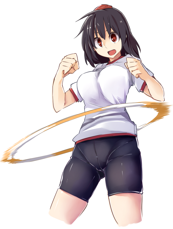 1girl bike_shorts black_hair breasts exercise hat hoop kamukamu_(ars) large_breasts open_mouth panties_under_bike_shorts red_eyes shameimaru_aya shirt short_sleeves smile solo tokin_hat touhou