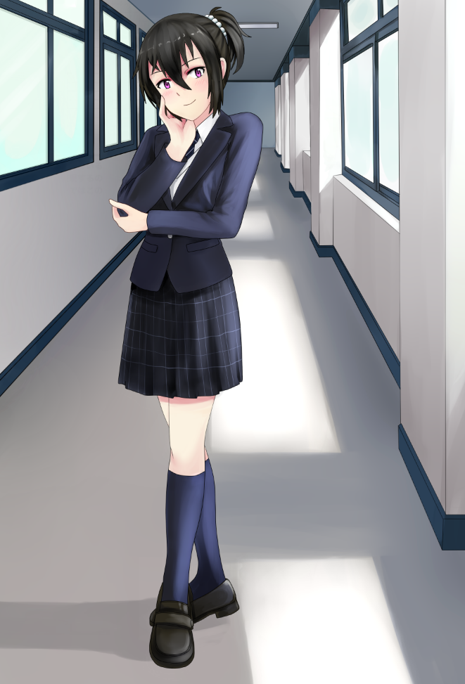 1girl beifeng_han black_hair black_shoes blue_legwear hair_between_eyes hallway hand_on_own_face kneehighs long_hair looking_at_viewer miyaura_sanshio original pleated_skirt school_uniform shoes side_ponytail skirt smile solo violet_eyes