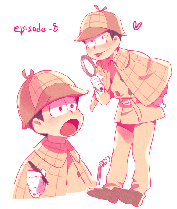 1boy :p bangoul bent_over black_hair capelet deerstalker detective gloves hand_on_hip hat heart magnifying_glass male_focus notebook osomatsu-kun osomatsu-san osomatsu_(osomatsu-kun) pen smile solo tongue tongue_out white_gloves