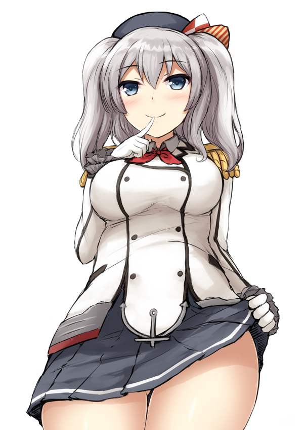 1girl black_skirt blue_eyes blush bow breasts buttons collar cowboy_shot don_(29219) finger_to_mouth gloves hair_between_eyes hair_bow hat kantai_collection kashima_(kantai_collection) large_breasts looking_at_viewer military military_uniform miniskirt pleated_skirt red_bowtie short_hair shoulder_pads silver_hair skirt skirt_lift smile solo standing teasing two_side_up uniform white_gloves