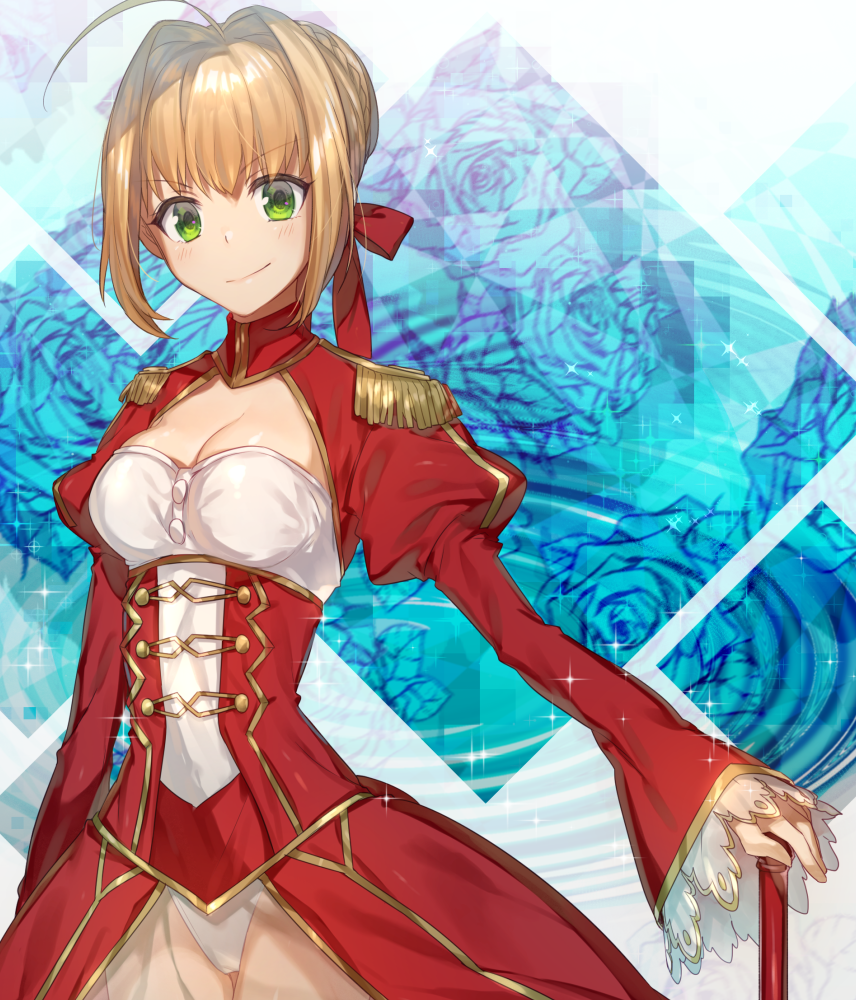 1girl ahoge blonde_hair breasts cleavage dress epaulettes fate/extra fate_(series) green_eyes hair_ornament hair_ribbon leotard looking_at_viewer red_dress ribbon saber_extra see-through smile solo sparkle sword tyokoa4649 weapon