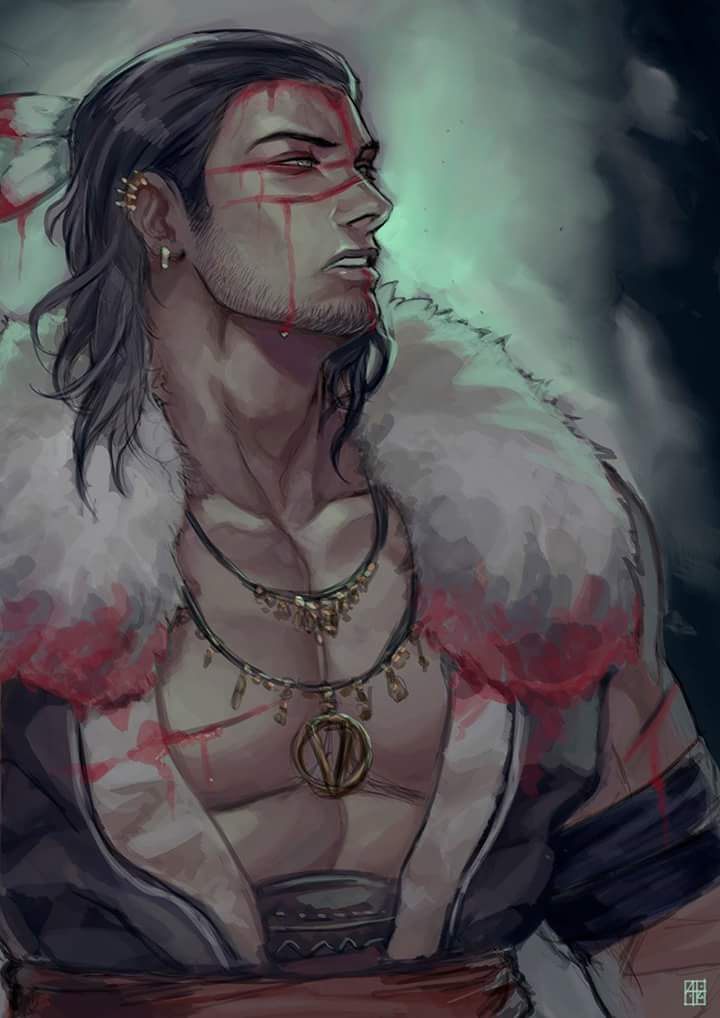1boy alejandro_tio assassin's_creed_iii black_hair blood blood_on_face connor_kenway ear_piercing earrings feathers hair_feathers jewelry long_hair looking_away male_focus mononoke_hime necklace piercing scratches signature solo upper_body