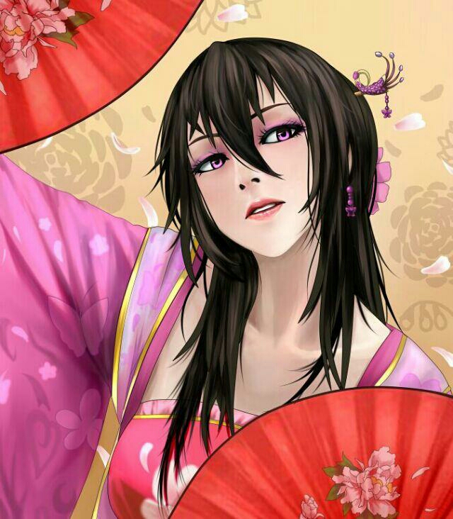 1girl beifeng_han black_hair blush chinese_clothes collarbone fan flower flower_request hair_between_eyes hair_flower hair_ornament hanfu lips long_hair miyaura_sanshio original parted_lips petals solo violet_eyes