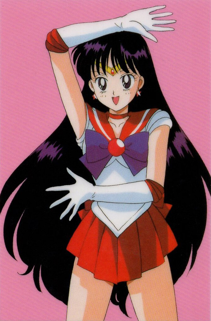 1990s_(style) arm_up bangs bishoujo_senshi_sailor_moon black_eyes black_hair choker cowboy_shot earrings elbow_gloves feet_out_of_frame gloves hino_rei jewelry leotard long_hair magical_girl miniskirt official_art open_mouth pink_background pleated_skirt red_neckwear red_sailor_collar red_skirt retro_artstyle sailor_collar sailor_mars scan simple_background skirt star_(symbol) star_earrings tiara very_long_hair