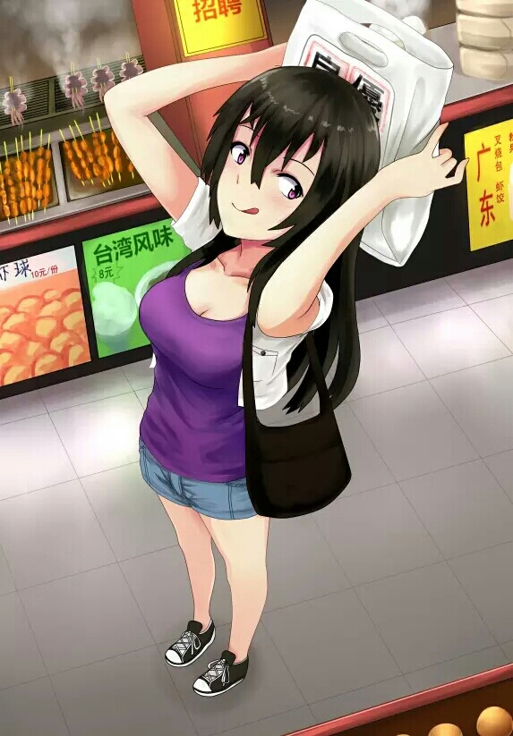 1girl :q bag beifeng_han black_hair breasts chinese cleavage hair_between_eyes handbag long_hair miyaura_sanshio no_socks original shoes sneakers solo tongue tongue_out translation_request violet_eyes