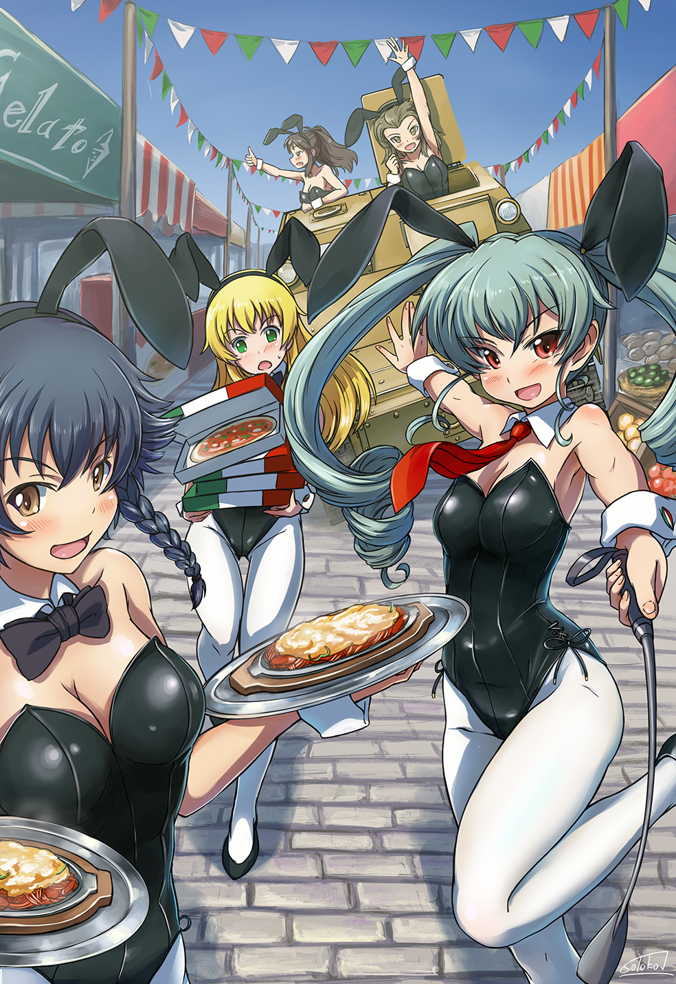 &gt;:d 5girls :d anchovy animal_ears bangs bare_shoulders black_bowtie black_hair black_shoes blonde_hair blue_sky blush bowtie box_stack braid breasts brown_eyes bunnysuit carpaccio carrying cleavage detached_collar drill_hair fake_animal_ears festival food food_stand girls_und_panzer green_eyes green_hair highres holding_tray large_breasts leotard long_hair looking_at_viewer military military_vehicle multiple_girls necktie open_mouth outstretched_arm pantyhose pasta pavement pennant pepperoni_(girls_und_panzer) pizza pizza_box plate rabbit_ears red_eyes red_necktie riding_crop shoes short_hair sky smile solokov_(okb-999) standing standing_on_one_leg strapless string_of_flags tank thigh_gap thumbs_up tray twin_drills twintails vehicle waving white_legwear wrist_cuffs