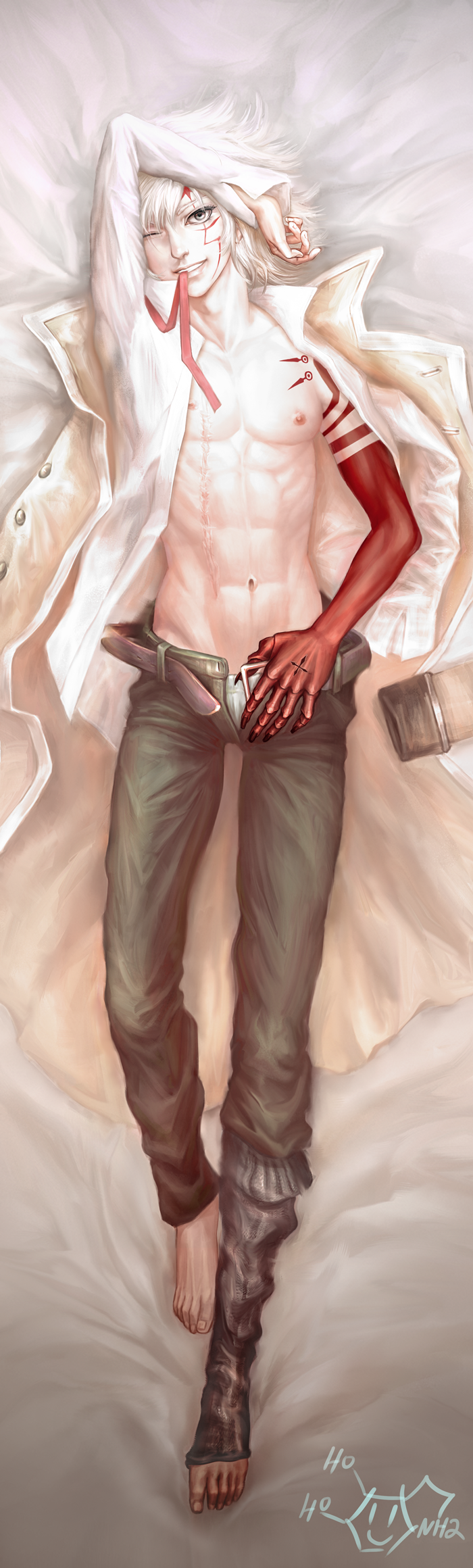 1boy abs allen_walker arm_over_head barefoot c8h11no2 chemical_structure coat d.gray-man dakimakura grey_eyes highres male_focus nipples one_eye_closed open_clothes open_pants open_shirt pale_skin scar shirt signature smile solo tattoo unbuckled_belt underwear white_hair
