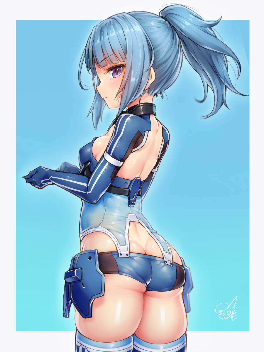 1girl alice_gear_aegis ass bangs blue_gloves blue_hair blush breasts doyouwantto from_behind gloves highres long_hair looking_at_viewer looking_back medium_breasts micro_shorts ponytail shiny shiny_hair shiny_skin shorts solo standing takanashi_rei violet_eyes