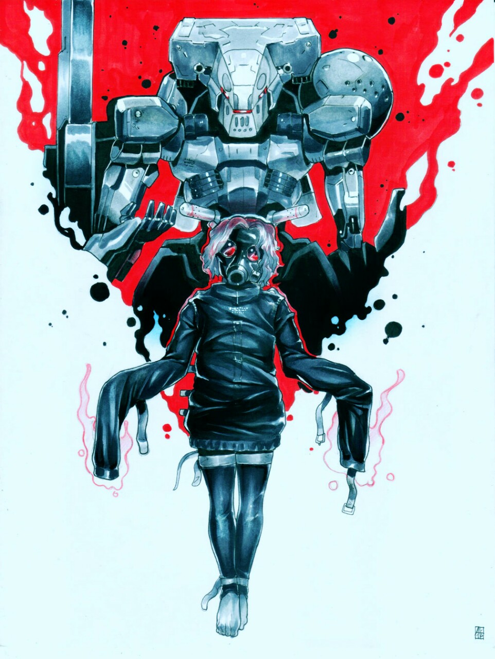 1boy alejandro_tio barefoot gas_mask highres ink_(medium) looking_at_viewer mecha metal_gear_(series) metal_gear_sahelanthropus metal_gear_solid_v psycho_mantis signature solo sweater tagme traditional_media very_long_sleeves