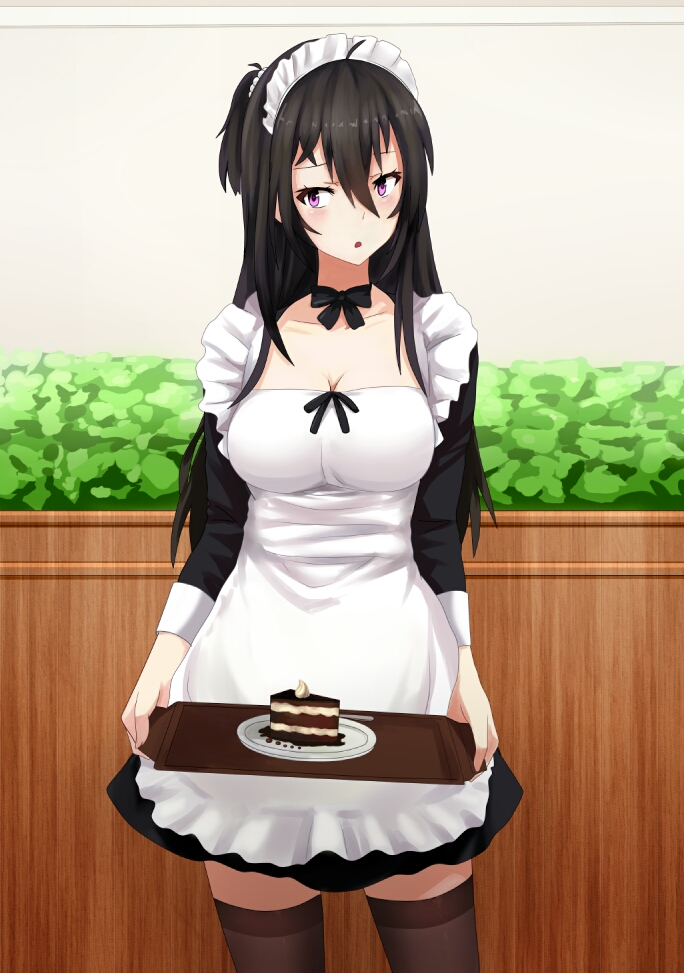 1girl beifeng_han black_hair black_legwear bowtie breasts cake cleavage food hair_between_eyes long_hair maid maid_headdress miyaura_sanshio open_mouth original plate short_ponytail side_ponytail solo thigh-highs tray violet_eyes zettai_ryouiki