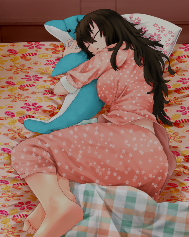 1girl barefoot beifeng_han black_hair dolphin hair_between_eyes long_hair messy_hair miyaura_sanshio original pillow sleeping solo star_print stuffed_animal stuffed_dolphin stuffed_toy violet_eyes