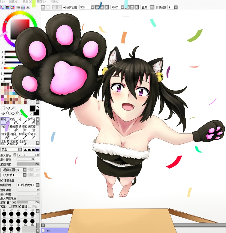 1girl :d ahoge animal_ears bare_shoulders barefoot beifeng_han bell black_hair blush breasts cat_ears cat_paws cat_tail cleavage fang foreshortening fur_trim hair_bell hair_between_eyes hair_ornament long_hair looking_at_viewer miyaura_sanshio open_mouth original outstretched_arm paws smile solo tail through_screen twintails violet_eyes