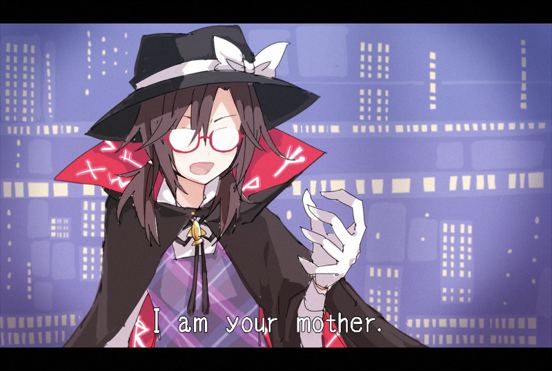 1girl bad_hands brown_hair cape english glasses gloves hat letterboxed long_hair low_twintails open_mouth parody red-framed_glasses shirofox solo star_wars touhou twintails upper_body usami_sumireko white_gloves