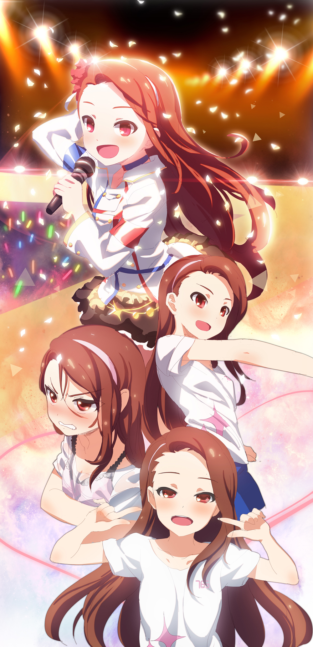 1girl :d bra brown_eyes brown_hair clenched_teeth flower glowstick hair_flower hair_ornament hairband hanon_(heartofsword) highres idolmaster long_hair microphone minase_iori open_mouth red_eyes see-through shirt short_sleeves smile solo stage_lights t-shirt underwear wet