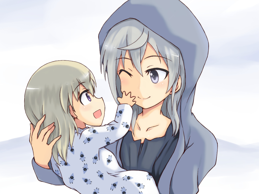 2girls :d ;) aurora_e_juutilainen blonde_hair blue_eyes eila_ilmatar_juutilainen hand_on_another's_cheek hand_on_another's_face hooded_jacket isosceles_triangle_(xyzxyzxyz) multiple_girls one_eye_closed open_mouth pajamas siblings silver_hair sisters smile strike_witches tonttu violet_eyes younger