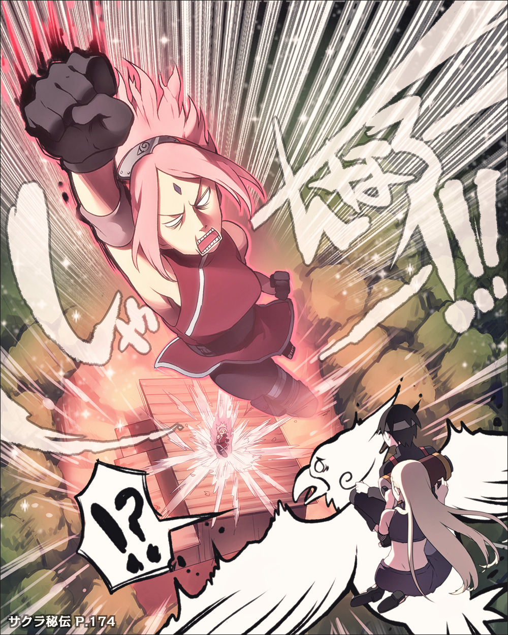 1boy 2girls bird black_hair blonde_hair facial_mark forehead_mark forehead_protector gloves haruno_sakura highres long_hair multiple_girls naruto pink_hair riding sai short_hair shouryuuken tore_(ksg666xxx) translated uppercut yamanaka_ino