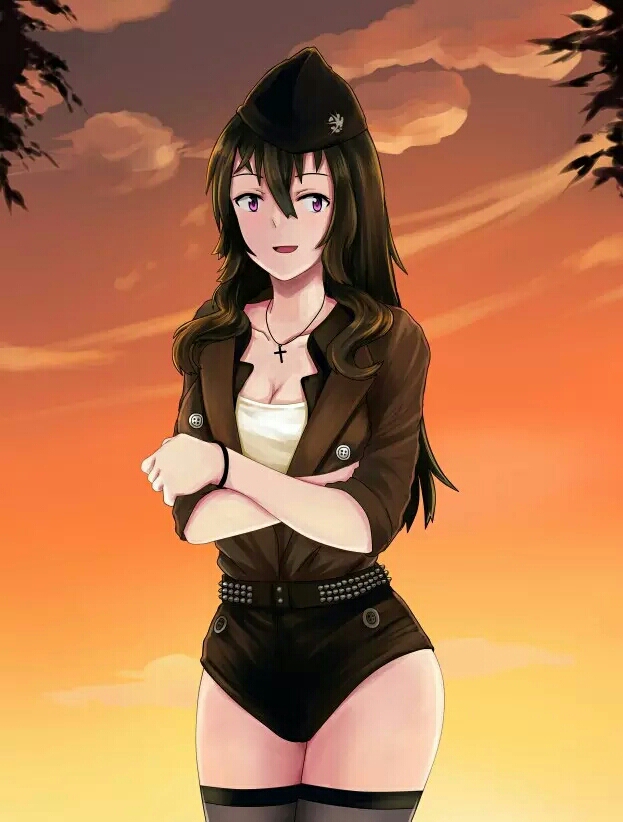 1girl :d beifeng_han belt black_hair breasts cleavage cross cross_necklace crossed_arms hair_between_eyes hat jacket long_hair miyaura_sanshio open_mouth original ponytail short_shorts shorts smile solo studded_belt sunset thigh-highs violet_eyes