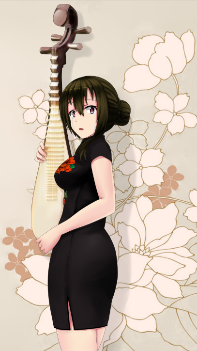 1girl beifeng_han biwa_lute black_hair chinese commentary_request flower hair_between_eyes hair_bun instrument long_hair looking_at_viewer lute_(instrument) miyaura_sanshio open_mouth original peony_(flower) side_slit simple_background solo violet_eyes white_background