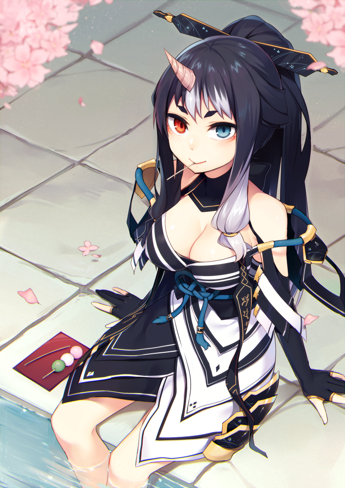 1girl bare_shoulders black_hair breasts cherry_blossoms cleavage dango feet_in_water food hanami heterochromia horn japanese_clothes long_hair mouth_hold multicolored_hair muryou partly_fingerless_gloves phantasy_star phantasy_star_online_2 ponytail sanshoku_dango sitting smile soaking_feet solo sukunahime very_long_hair wagashi water white_hair