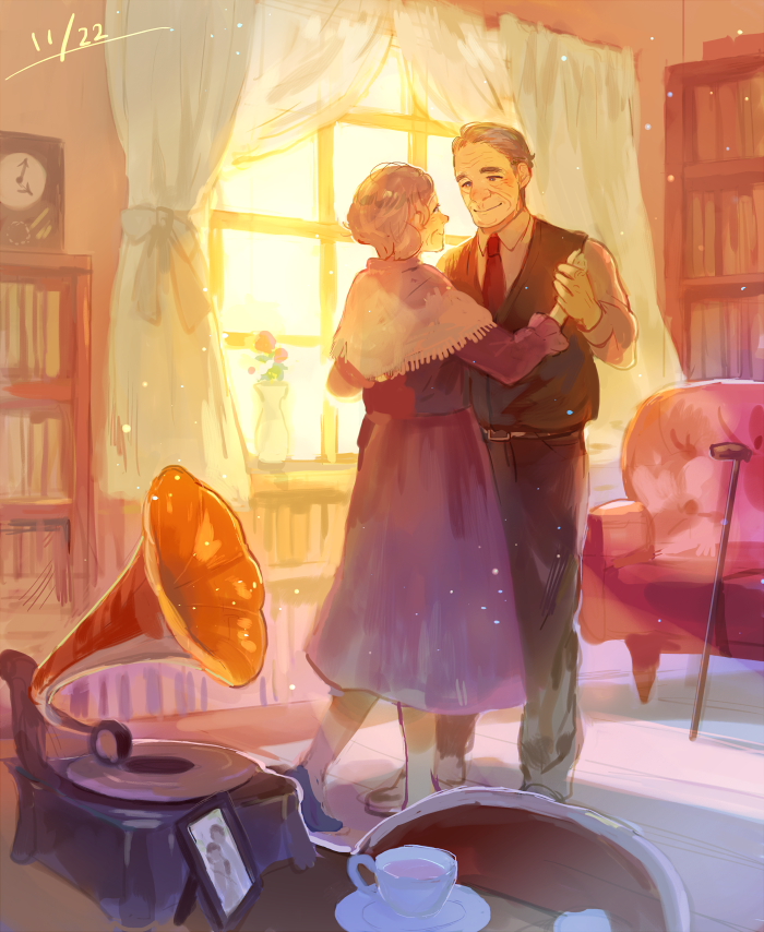 1boy 1girl analog_clock armchair black_pants breasts cane capelet chair clock commentary couch couple cup curtains dancing dated dress flower grey_hair hetero husband_and_wife indoors light_particles long_sleeves looking_at_another necktie old old_man old_woman original pants phonograph picture_(object) pon_(cielo) purple_dress red_necktie saucer shirt silver_hair smile sunlight teacup vase vest white_shirt window