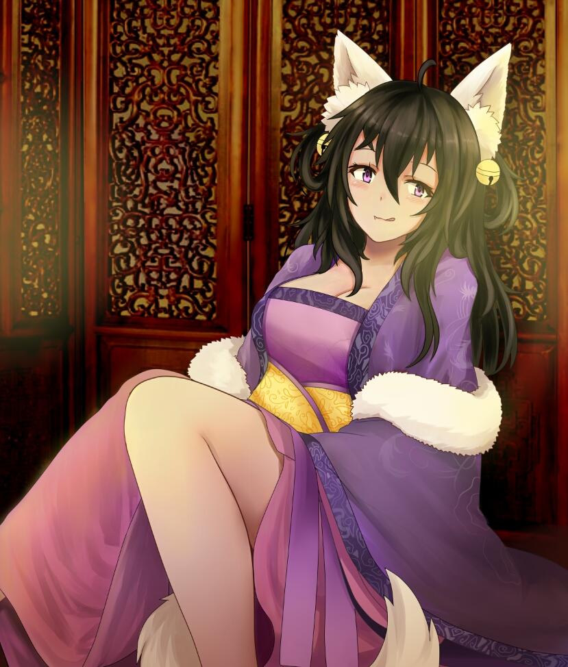 1girl :q animal_ears beifeng_han bell black_hair blush breasts chinese_clothes cleavage fox_ears fox_tail fur_trim hair_bell hair_between_eyes hair_ornament hanfu long_hair looking_at_viewer miyaura_sanshio original short_twintails solo tail tongue tongue_out twintails violet_eyes