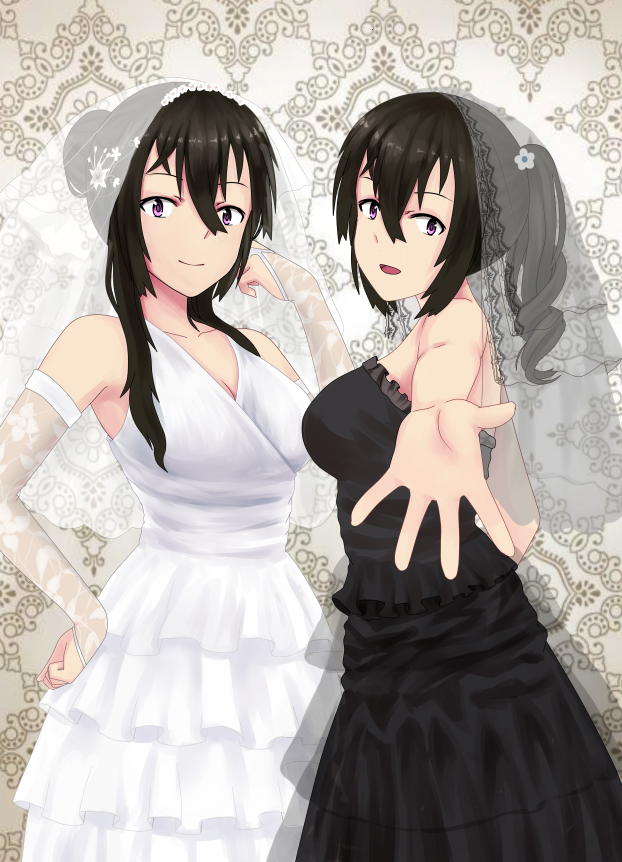 2girls :d bare_shoulders beifeng_han black_dress black_hair dress dual_persona hair_between_eyes hair_bun hand_on_hip long_hair looking_at_viewer miyaura_sanshio multiple_girls open_mouth original outstretched_hand ponytail smile strapless_dress veil violet_eyes wedding_dress white_dress