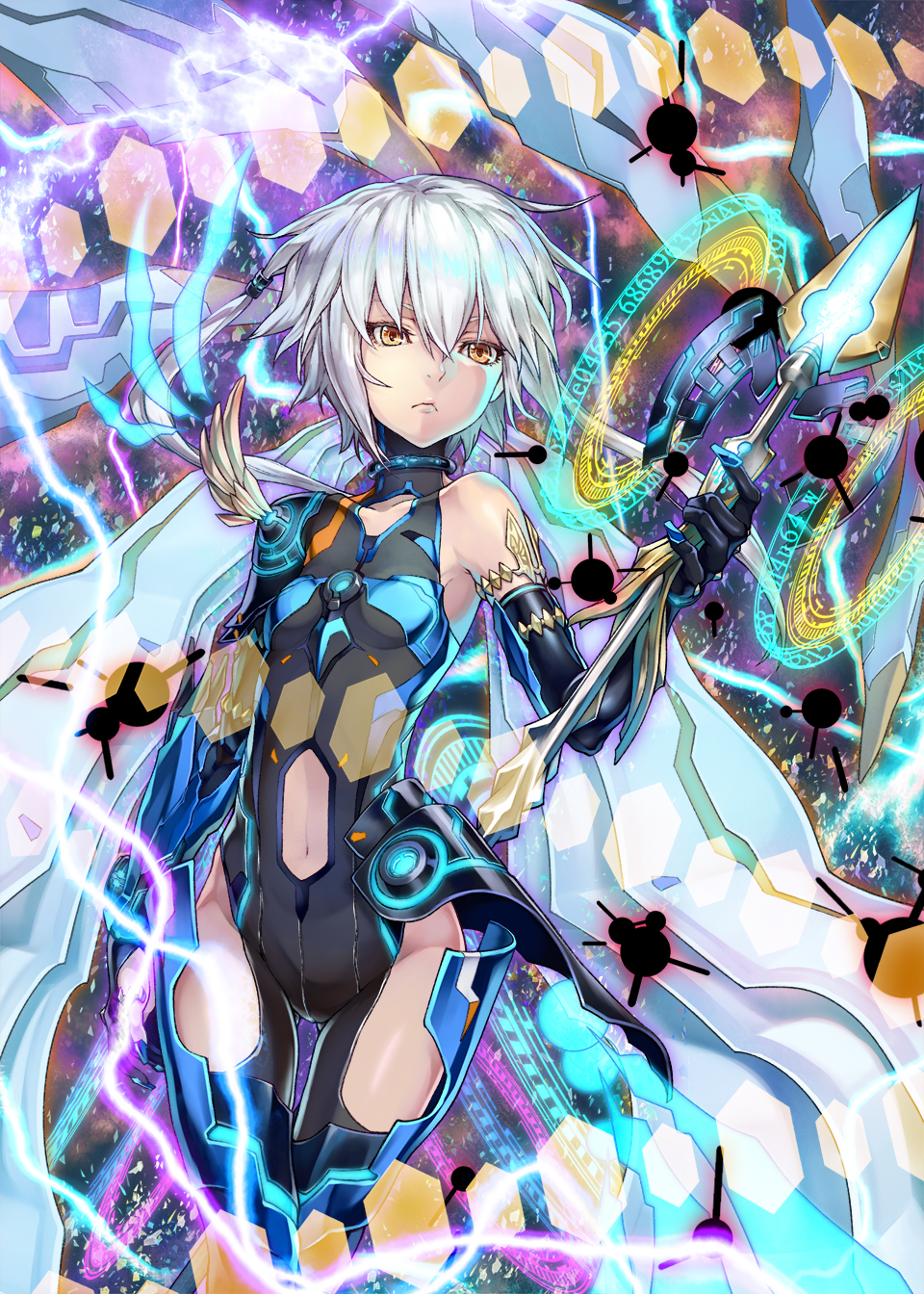 &gt;:( 1girl bodysuit brown_eyes choker commentary_request elbow_gloves electricity essual_(layer_world) gloves hair_ornament highres mechanical_wings navel original science_fiction short_hair silver_hair small_breasts solo wings