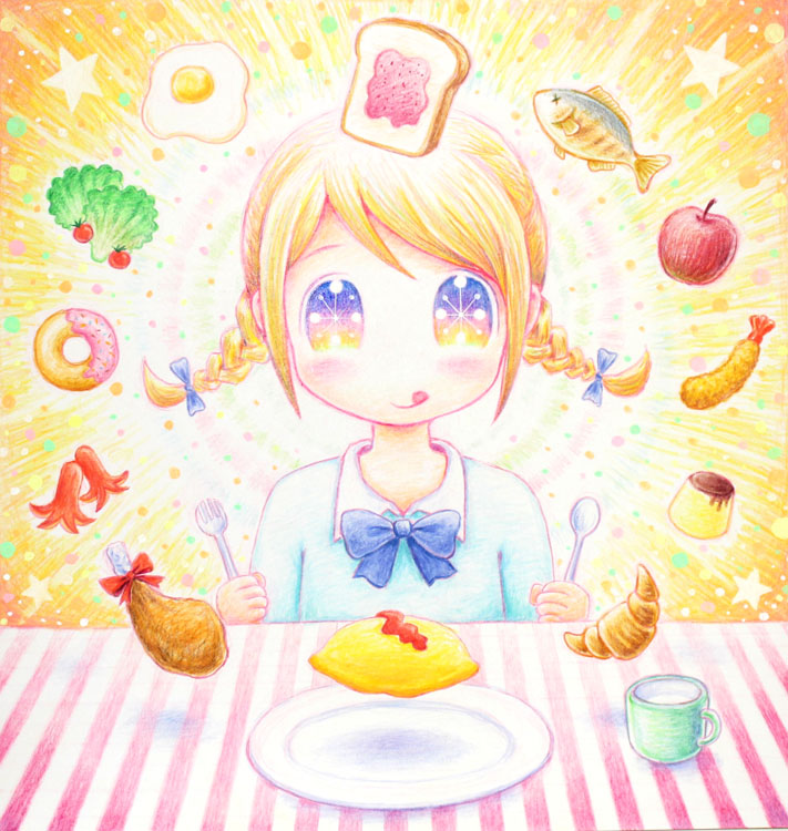 1girl apple aura blonde_hair bow braid chicken_leg commentary croissant cup doughnut fish floating_object food fried_chicken fruit hair_bow halo holding holding_fork holding_spoon jam leica lettuce looking_at_viewer mug multicolored_eyes omelet original plate pudding sausage shrimp shrimp_tempura star striped_tablecloth sunny_side_up_egg tablecloth tempura toast tomato tongue tongue_out