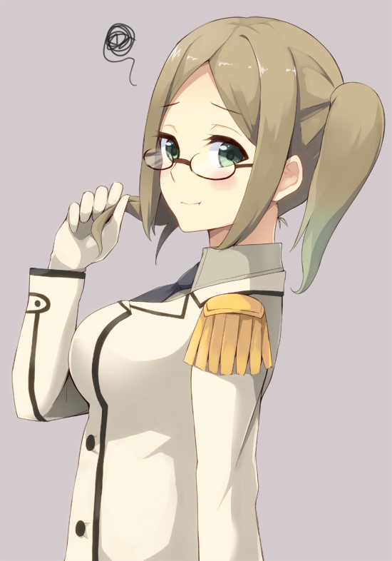 1girl alternate_hairstyle bangs blush breasts brown_hair collared_shirt commentary_request double-breasted epaulettes from_side glasses gloves green_eyes jacket kantai_collection katori_(kantai_collection) large_breasts looking_at_viewer military military_uniform necktie parted_bangs semi-rimless_glasses shirt smile solo sui_(tsuruhibiki) twintails under-rim_glasses uniform upper_body white_gloves