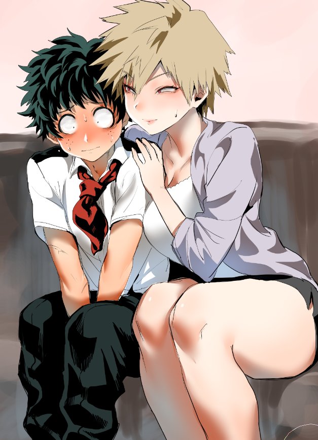 1boy 1girl age_difference arm_between_breasts bakugou_mitsuki blonde_hair blush boku_no_hero_academia breast_press breasts cardigan cleavage collared_shirt echigoya_takeru freckles green_eyes green_hair half-closed_eyes hand_on_another's_shoulder large_breasts legs mature midoriya_izuku naughty_face nervous pants pink_lips red_eyes red_neckwear school_uniform shirt short_hair sitting skirt smile sweatdrop thick_thighs thighs wide-eyed