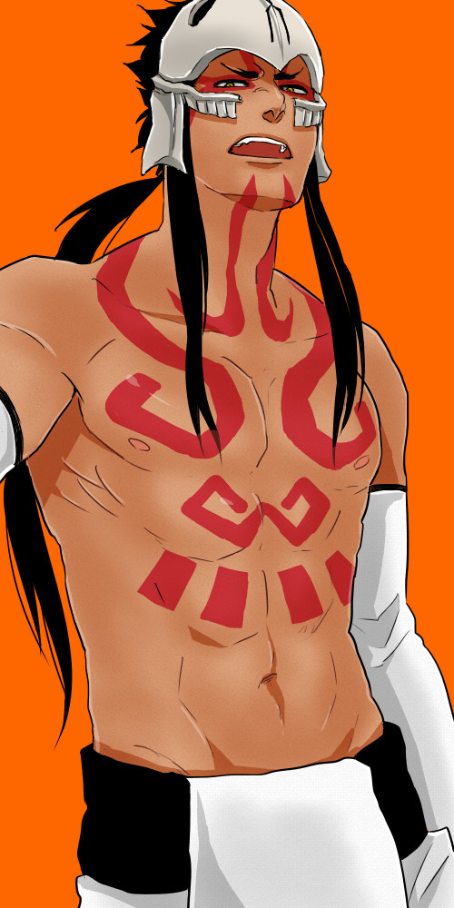 1boy abirama_redder abs agatsumaattsu arrancar black_hair bleach dark_skin facial_mark long_hair low_ponytail mask open_mouth orange_background shirtless simple_background solo tattoo yellow_eyes