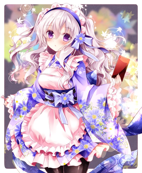 1girl apron cellphone cowboy_shot dress flower frilled_apron frilled_dress frills hair_flower hair_ornament hairband holding long_hair looking_at_viewer nogi_takayoshi original pantyhose phone silver_hair sleeves_past_wrists smartphone solo twintails violet_eyes wavy_hair white_hair wide_sleeves
