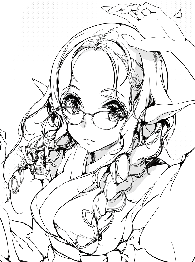 1girl arm_up braid elf endou_okito glasses greyscale hair_intakes japanese_clothes kimono looking_at_viewer monochrome obi parted_lips pointy_ears sash solo twin_braids