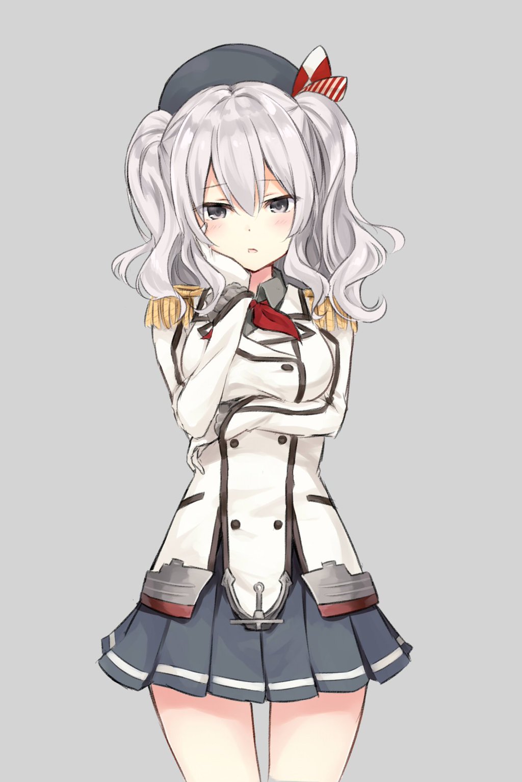 1girl ascot azuuru_(azure0608) beret breasts cowboy_shot epaulettes gloves grey_background hand_on_own_cheek hand_on_own_face hat highres kantai_collection kashima_(kantai_collection) looking_at_viewer military military_uniform open_mouth pleated_skirt sidelocks silver_hair simple_background skirt solo tsurime twintails uniform wavy_hair white_gloves white_hair