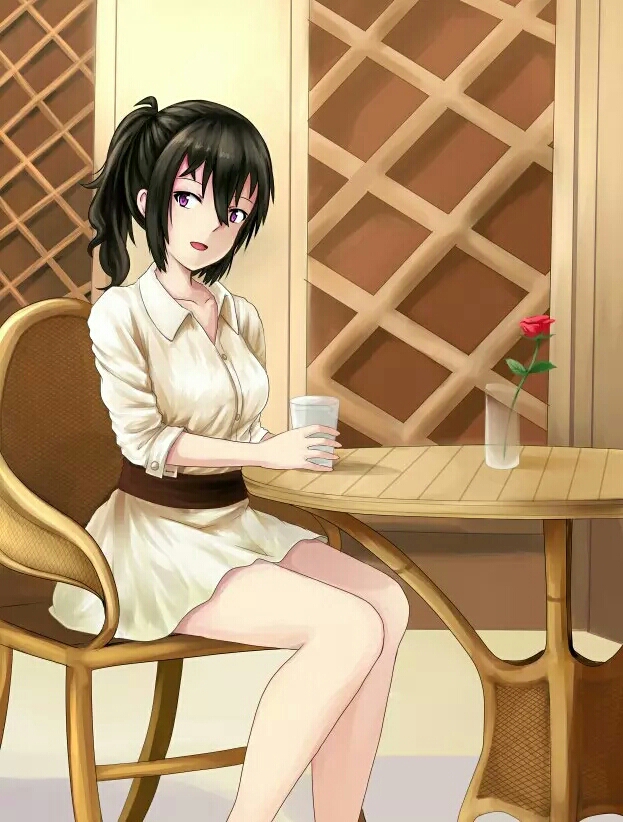 1girl :d beifeng_han black_hair chair dress flower glass hair_between_eyes long_hair miyaura_sanshio open_mouth original ponytail sitting smile solo table violet_eyes white_dress