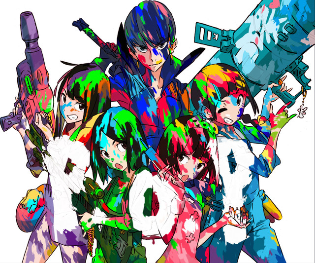 5girls album_cover ammunition androgynous bazooka character_request cover dog gun keychain multiple_girls needle official_art one_eye_closed open_mouth paint paint_splatter pop_(idol_group) rabbit rifle sniper_rifle sushio text water_gun weapon