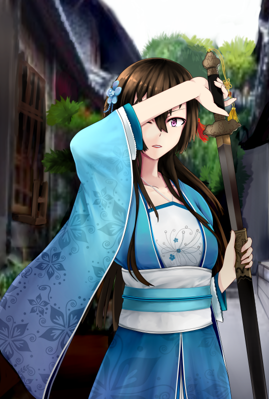 1girl beifeng_han black_hair chinese_clothes flower hair_between_eyes hair_flower hair_ornament long_hair miyaura_sanshio obi one_eye_closed original sash scabbard sheath solo sword unsheathing violet_eyes weapon