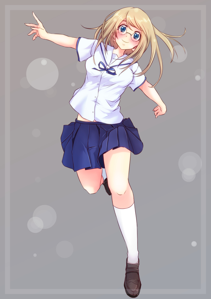 1girl blonde_hair blue_eyes blush glasses loafers long_hair looking_at_viewer mojake original school_uniform shoes smile solo