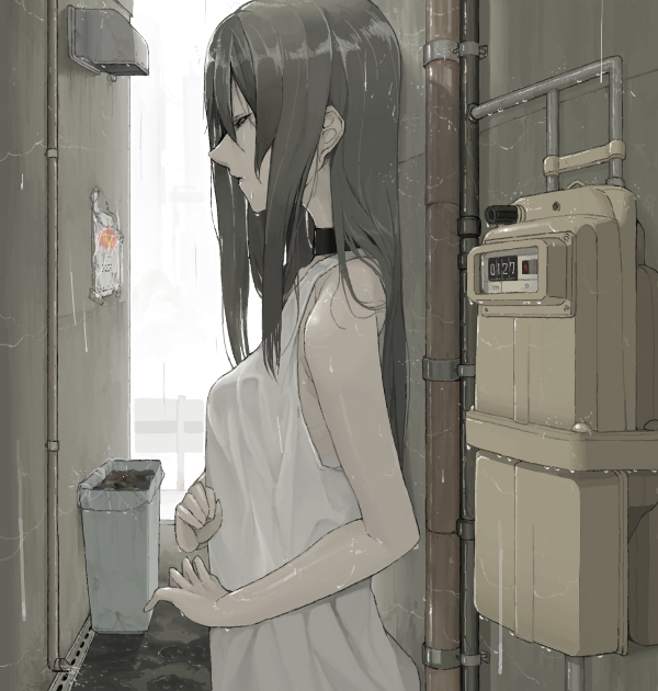 1girl bare_arms bemanilovers brown_hair choker city closed_eyes drainpipe drawr from_side long_hair outdoors profile rain sleeveless solo trash_can wall water wet