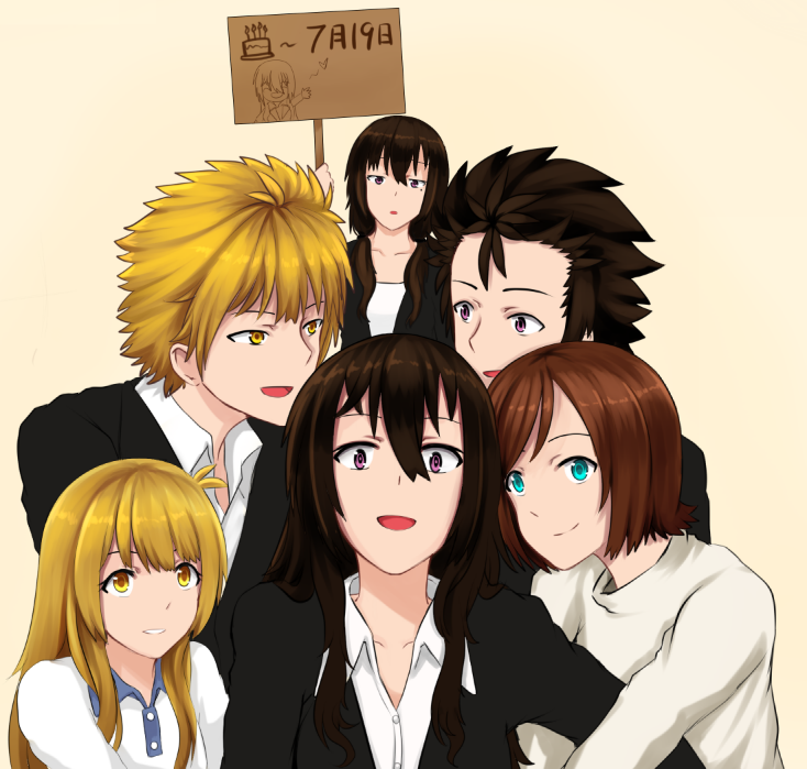 1girl 2boys 3girls :d aqua_eyes beifeng_han birthday_cake black_hair blonde_hair brown_hair cake character_request dress_shirt food hair_between_eyes long_hair miyaura_sanshio multiple_boys multiple_girls open_mouth original shirt short_hair sign simple_background smile solo violet_eyes yellow_eyes