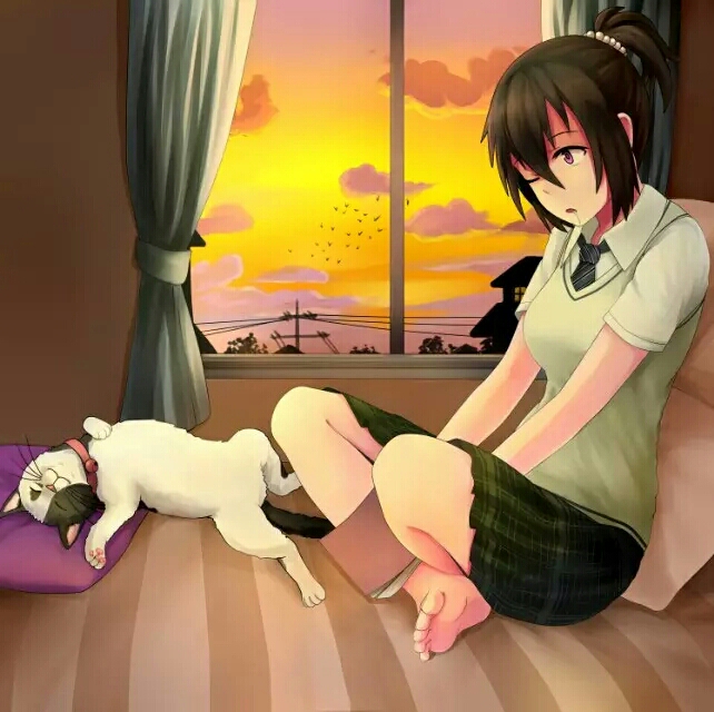 1girl beifeng_han black_hair cat collar drooling hair_between_eyes hair_ornament indian_style long_hair miyaura_sanshio necktie one_eye_closed original pillow pleated_skirt ponytail saliva short_ponytail short_sleeves sitting skirt sleeping solo sweater_vest violet_eyes