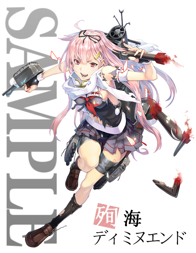 1girl :d armpits black_serafuku breasts commentary_request essual_(layer_world) fingerless_gloves gloves hair_flaps hair_ornament hair_ribbon hairclip kantai_collection long_hair looking_at_viewer open_mouth pink_hair red_eyes remodel_(kantai_collection) ribbon scarf school_uniform serafuku sideboob skirt smile solo torn_clothes torpedo yuudachi_(kantai_collection)