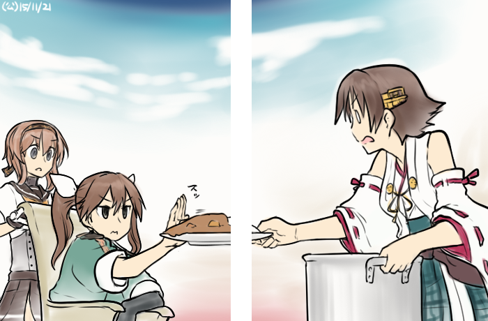0_0 3girls brown_hair commentary_request curry curry_rice dated detached_sleeves fine_art_parody food hamu_koutarou hiei_(kantai_collection) kantai_collection multiple_girls nontraditional_miko parody pot ribbon_trim sailor_collar short_hair sitting tagme teruzuki_(kantai_collection) tone_(kantai_collection) twintails