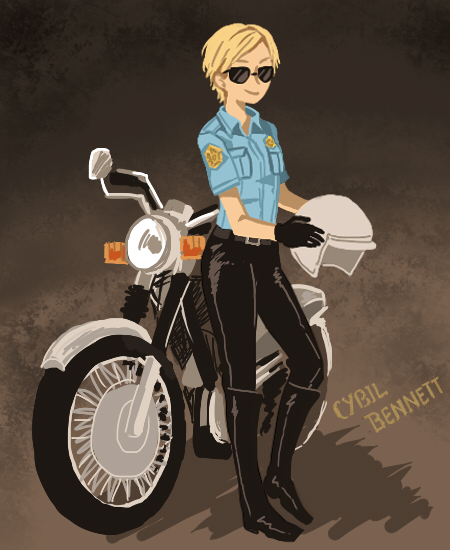 1girl bicycle blonde_hair breasts cybil_bennett helmet motor_vehicle motorcycle motorcycle_helmet police silent_hill silent_hill_1 solo sunglasses vehicle