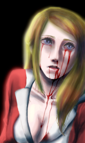 1girl blonde_hair blood bloody_tears breasts lisa_garland lowres mozo_karasu silent_hill silent_hill_1 solo