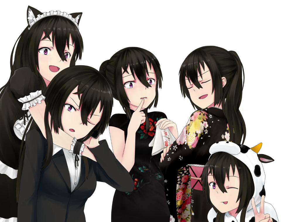 5girls :d :p animal_costume animal_ears beifeng_han black_hair cat_ears china_dress chinese chinese_clothes closed_eyes commentary_request cow_costume crossed_arms finger_to_mouth hair_between_eyes hug hug_from_behind japanese_clothes kimono long_hair maid maid_headdress miyaura_sanshio multiple_girls multiple_persona obi one_eye_closed open_mouth original ponytail sash smile tongue tongue_out v violet_eyes wrist_cuffs