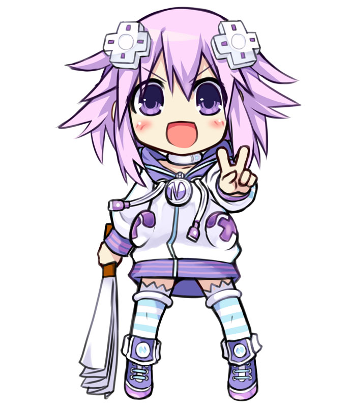 1girl blush chibi d-pad fan hair_ornament kamia_(not_found) looking_at_viewer neptune_(choujigen_game_neptune) neptune_(series) open_mouth paper_fan purple_hair smile solo v violet_eyes